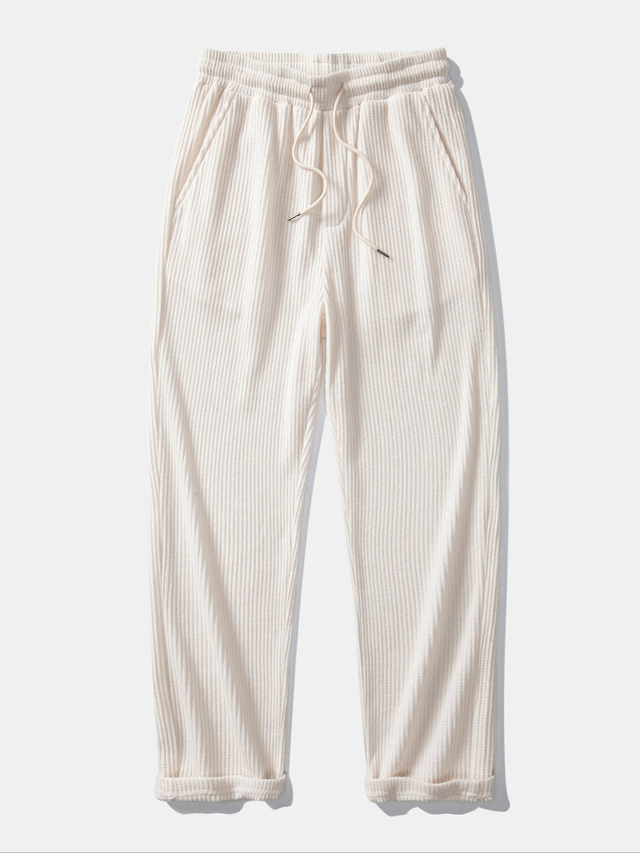 Contrast Textured Johnny Collar Knit Polo &amp; Drawstring Knitted Waffle Pants