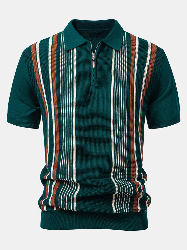Stripe Knit Zip Up Polo Shirt &amp; Cotton Chino Shorts
