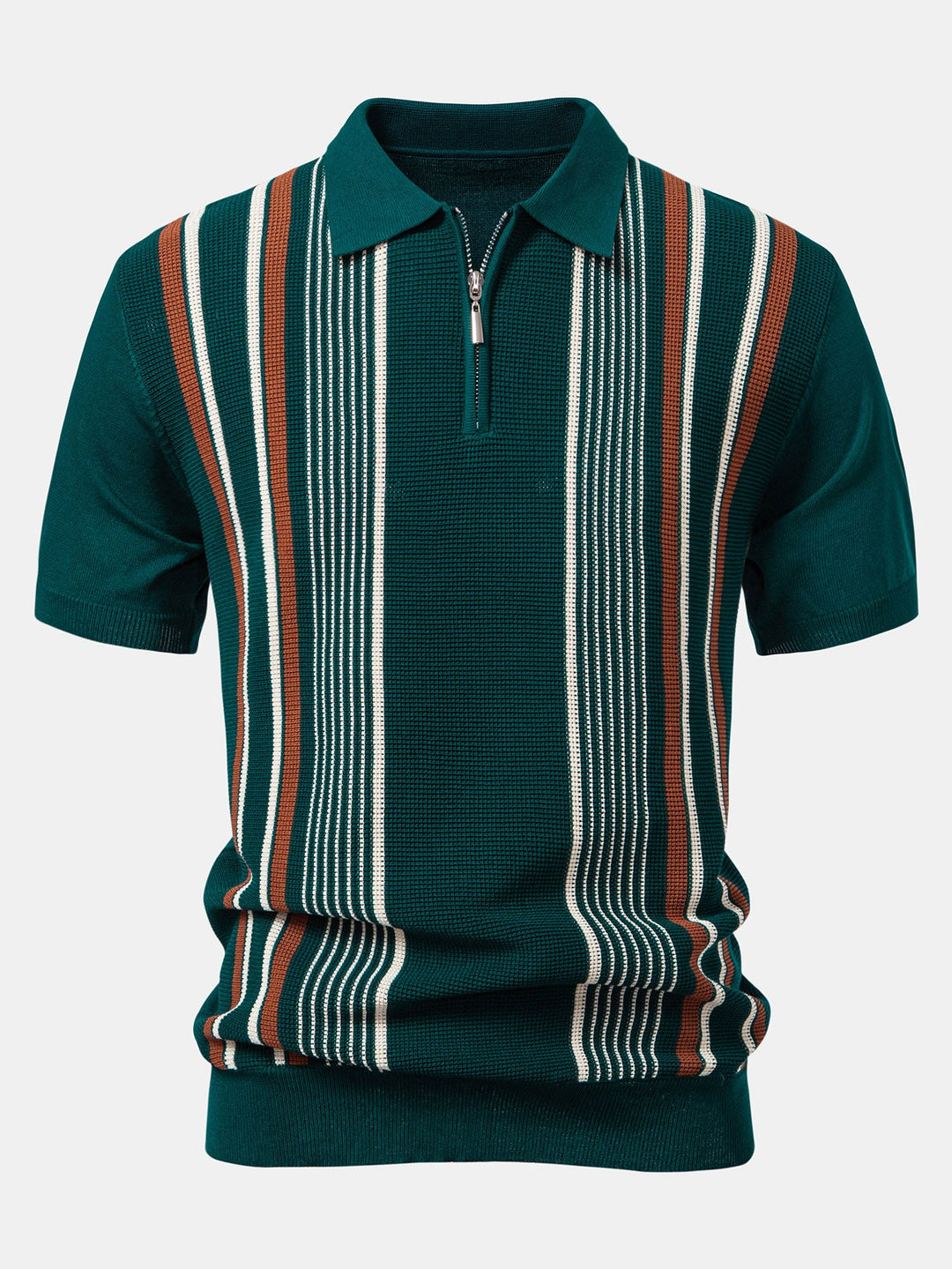 Stripe Knit Zip Up Polo Shirt &amp; Straight Leg Linen Pants