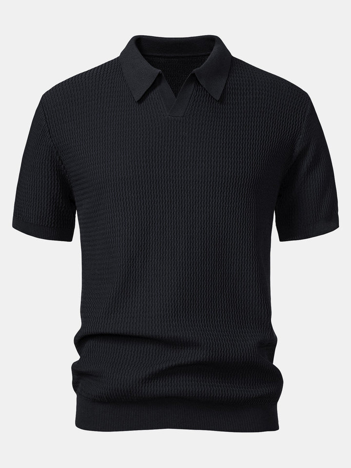 Wave Jacquard Knit V Neck Polo Shirt &amp; Straight Leg Ribbed Pants