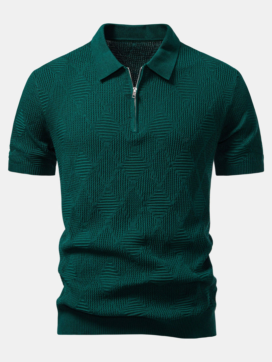 Rhombus Textured Zip Up Knitted Polo Shirt &amp; Slim Fit Tapered Trousers