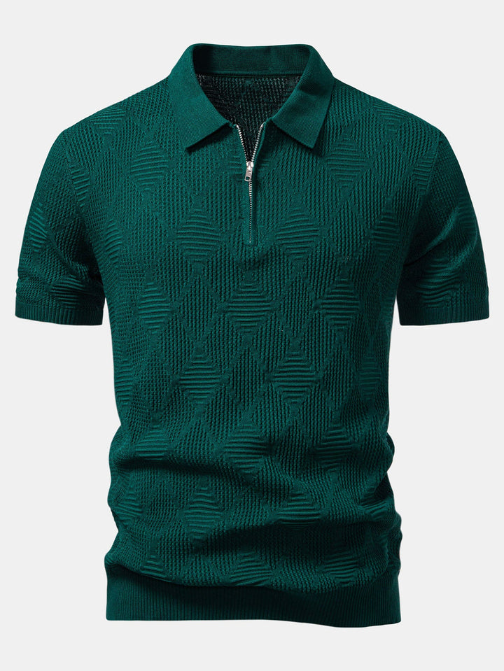 Rhombus Textured Zip Up Knitted Polo Shirt &amp; Slim Fit Tapered Trousers