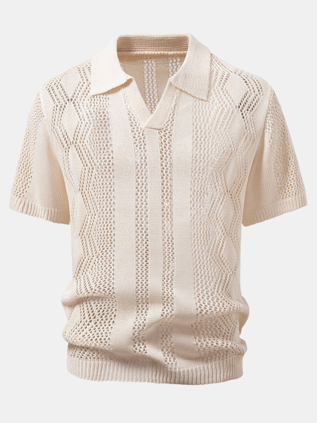 Relax Fit Geometry Crochet V Neck Knit Polo &amp; Straight Leg Linen Pants