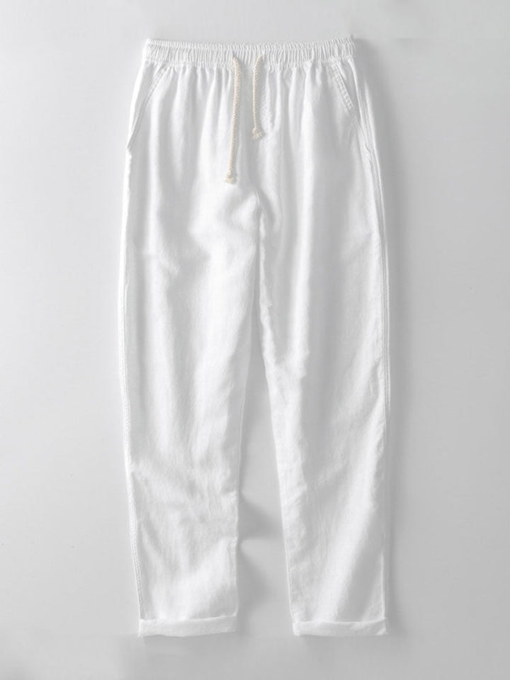Striped Eyelet Knit Zip Up Polo Shirt &amp; Straight Leg Linen Pants