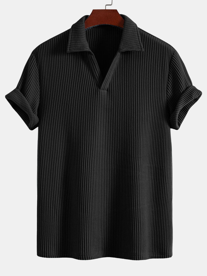 Short Sleeved Waffle V-neck Polo &amp; Drawstring Knitted Waffle Shorts