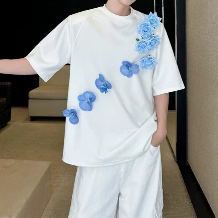 3D Blue Floral Applique Oversized T-Shirt