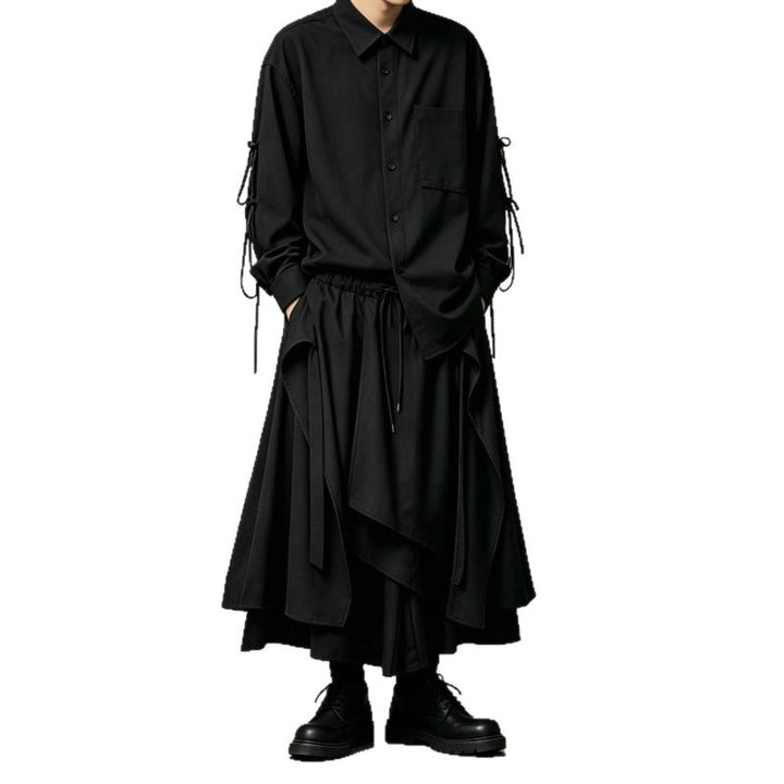 Japanese Loose Asymmetrical multi-layered Shirt and Skirt-Pants Two-piece Set