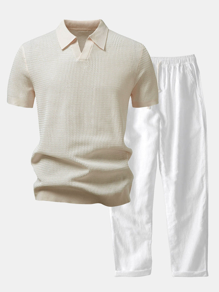 Textured Johnny Collar Crocheted Knit Polo &amp; Straight Leg Linen Pants