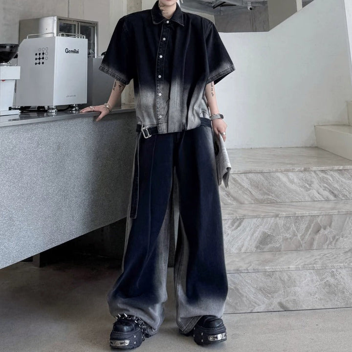 Ombré Denim Short-sleeve Jacket and Jeans Two-piece Set