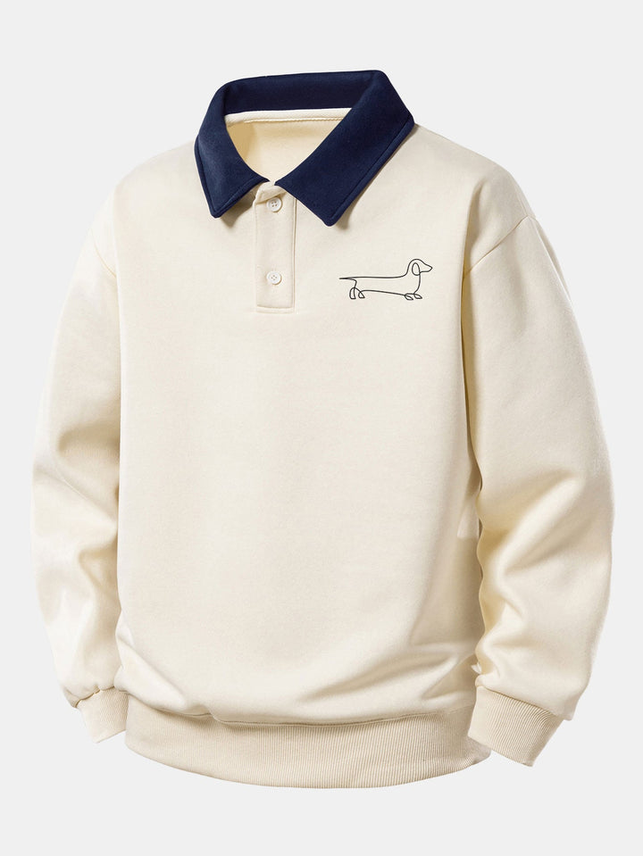 Relax Fit Line Dachshund Print Contrast Polo Sweatshirt &amp; Straight Leg Pleated Pintuck Sweatpants