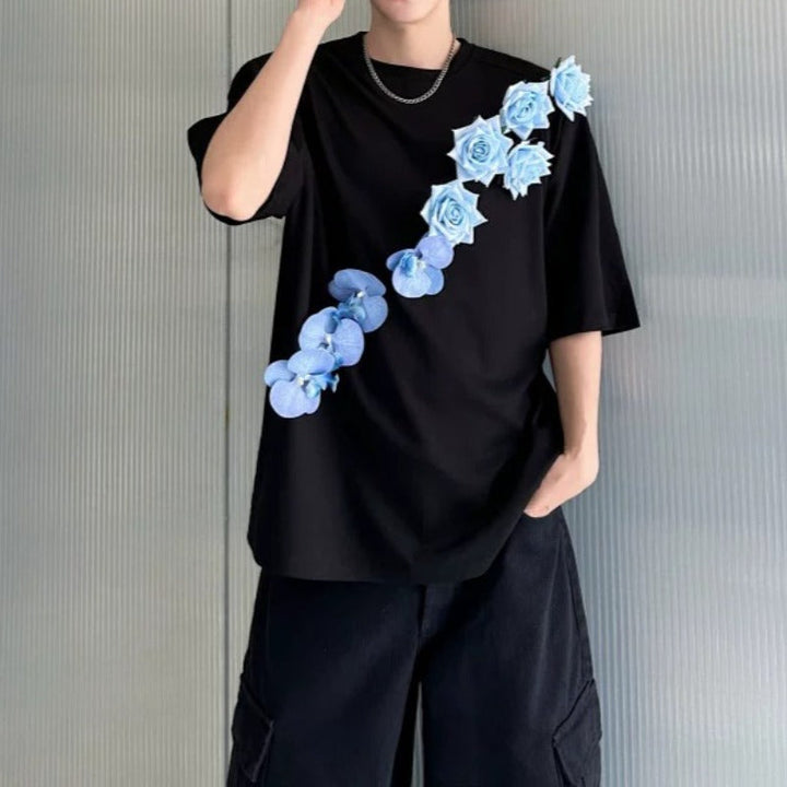 3D Blue Floral Applique Oversized T-Shirt