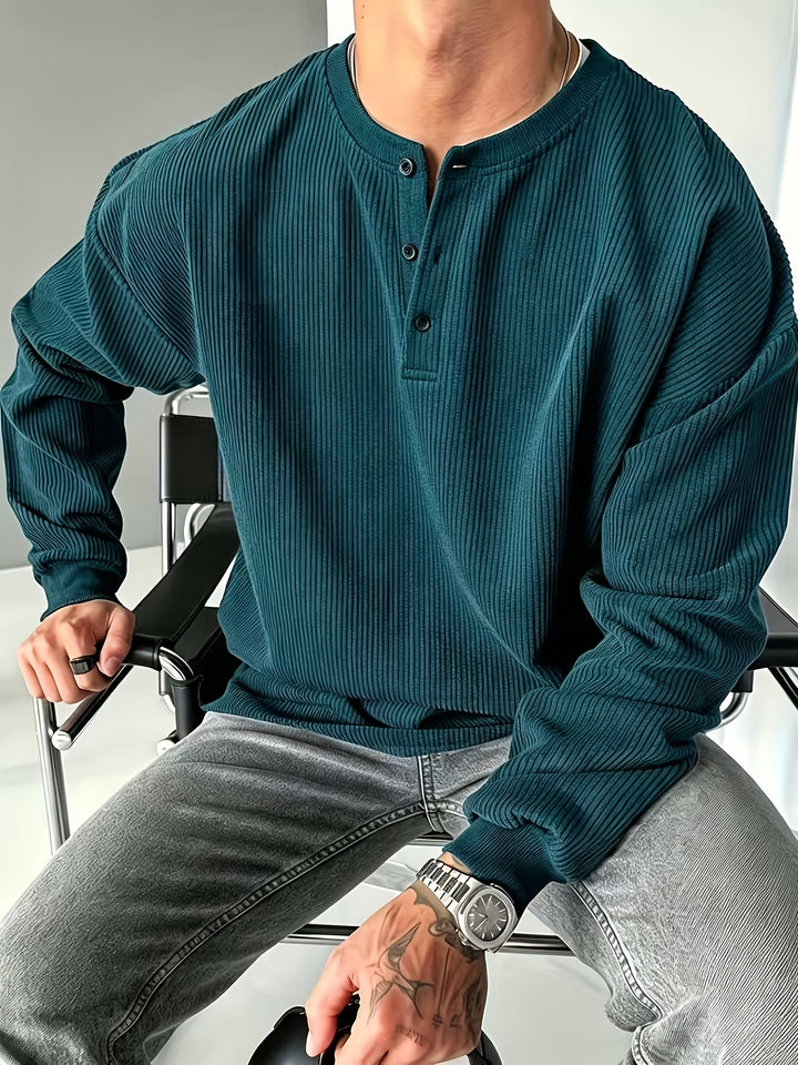Versatile Solid Color Long Sleeve Henley Shirt