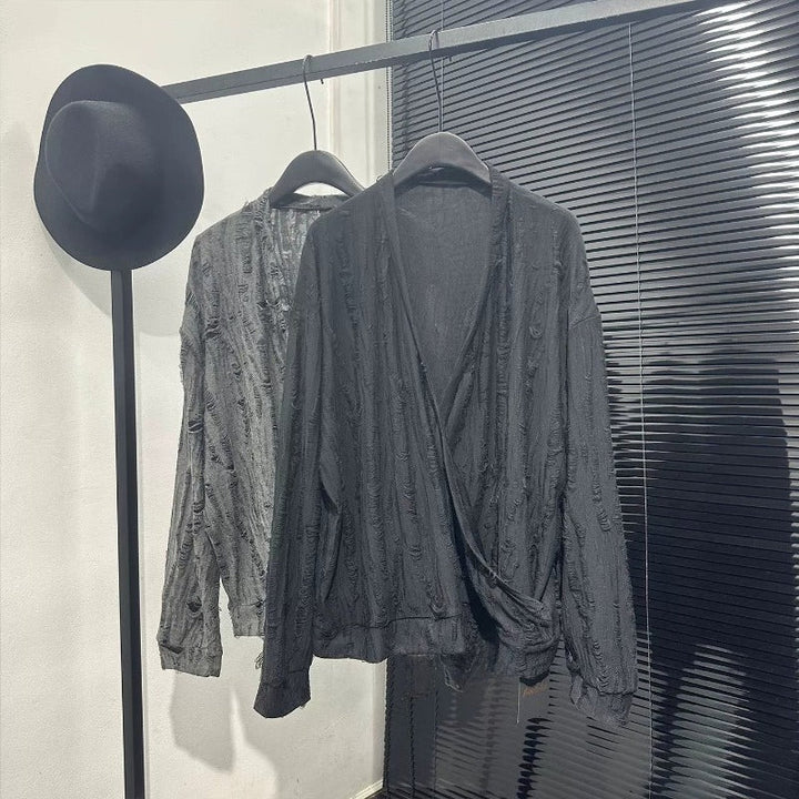 Irregular Cut-out V-neck Long-sleeve Top