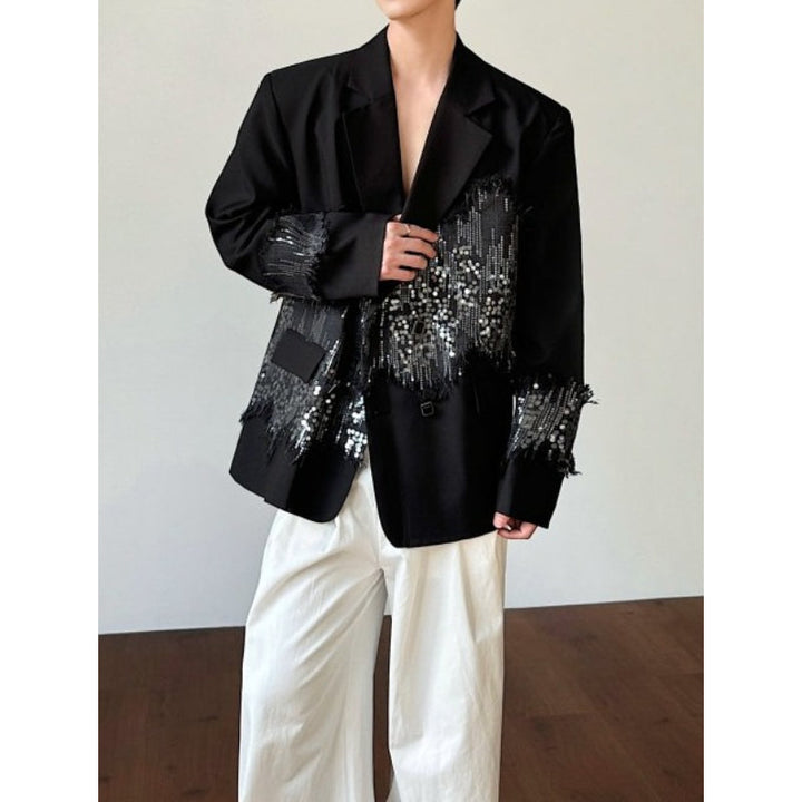 Black Sequin-Paneled Blazer with Shoulder Pads