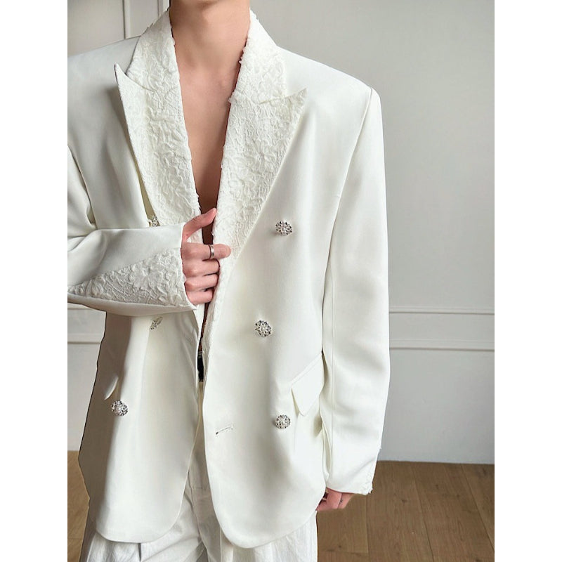 Lace-Paneled Double-Breasted Blazer with Shoulder Pads
