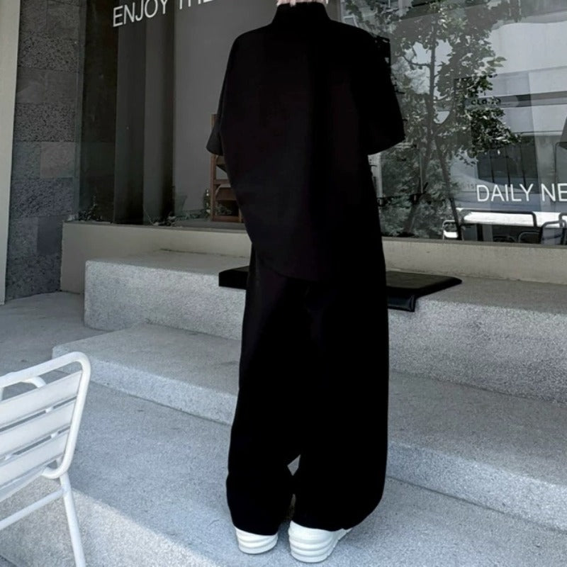 Stand-Collar Short-Sleeve Contrast Piping T-Shirt with &amp; Zip-Front Wide-Leg Trousers Two-Piece Set