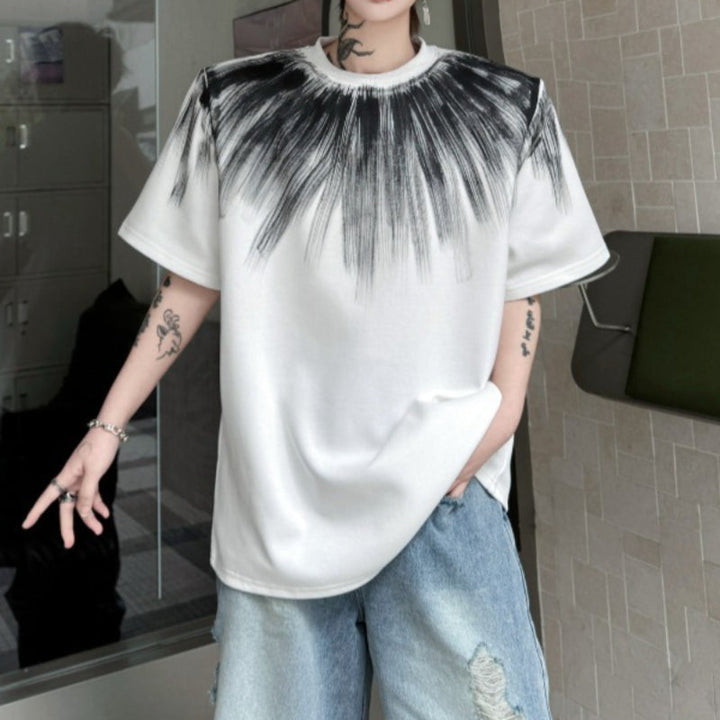 Color-blocked Hand-painted Padded Shoulder Loose T-shirt