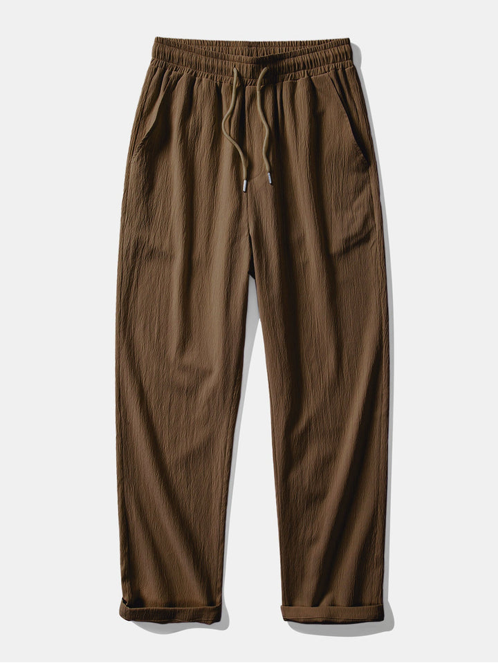 Contrast Textured Johnny Collar Knit Polo &amp; Crinkle Textured Straight Leg Pants