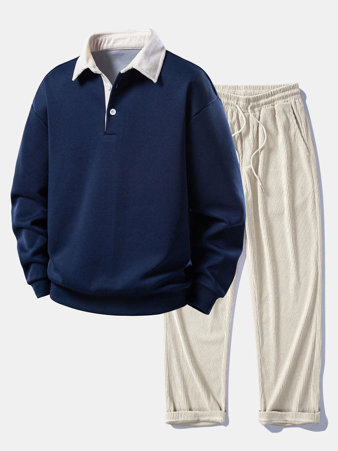 Relax Fit Contrast Corduroy Polo Collar Sweatshirt &amp; Straight Leg Corduroy Pants