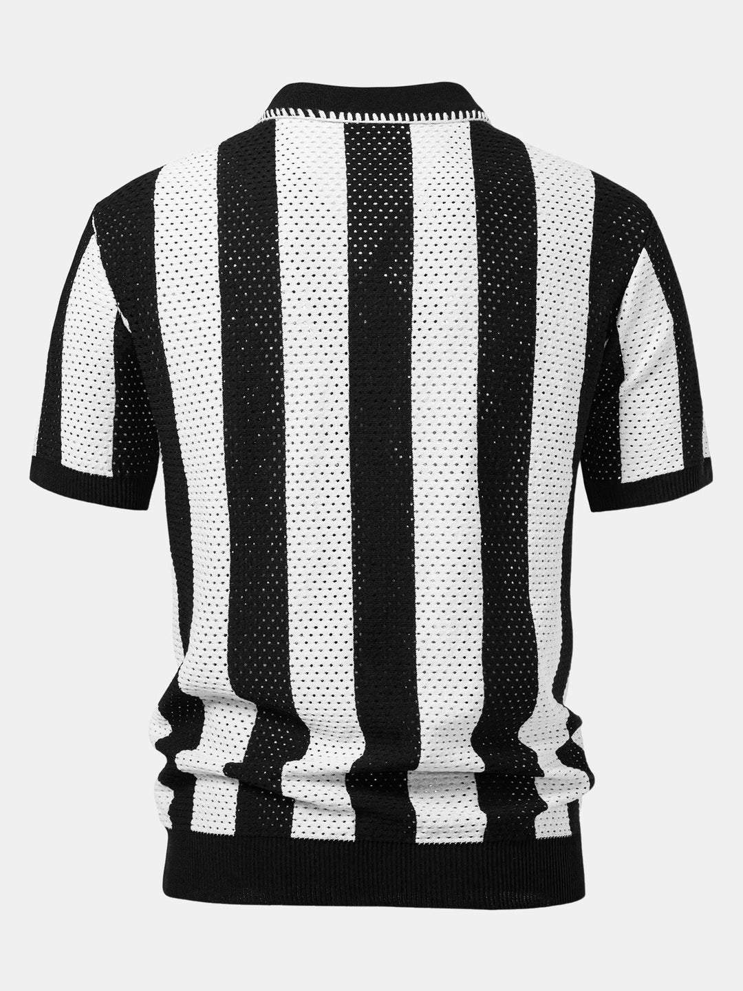 Striped Eyelet Knit Zip Up Polo Shirt &amp; Straight Leg Linen Pants