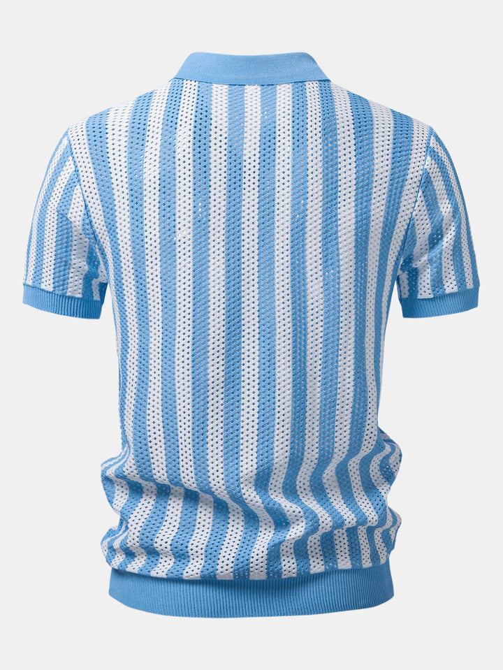 Stripe Johnny Collar Open Knit Polo &amp; Straight Leg Linen Pants