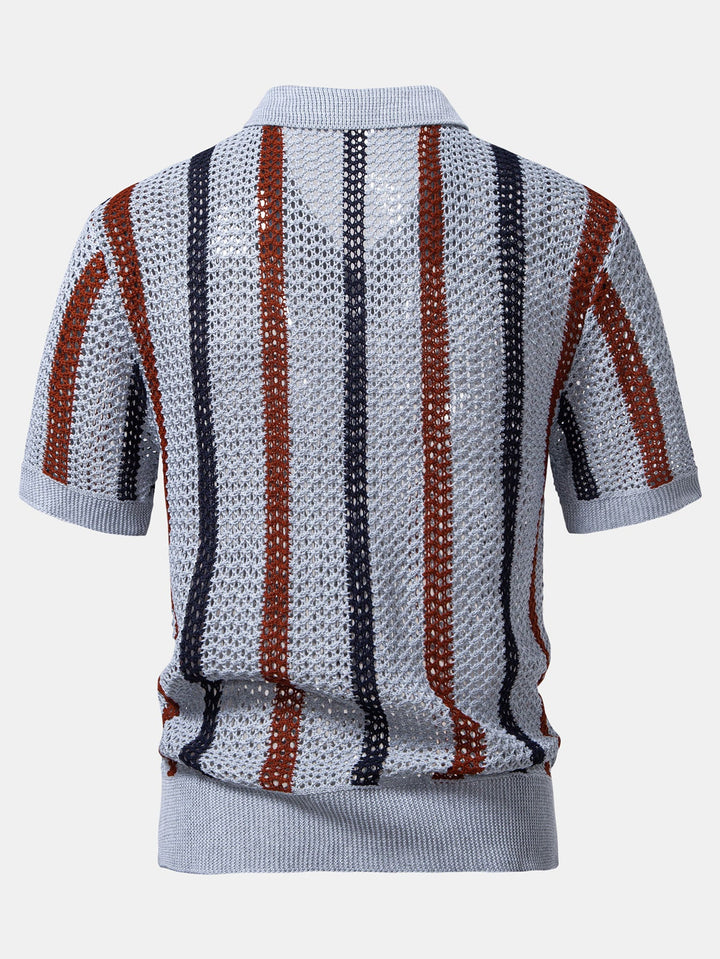 Striped Crochet V Neck Polo &amp; Straight Leg Linen Pants