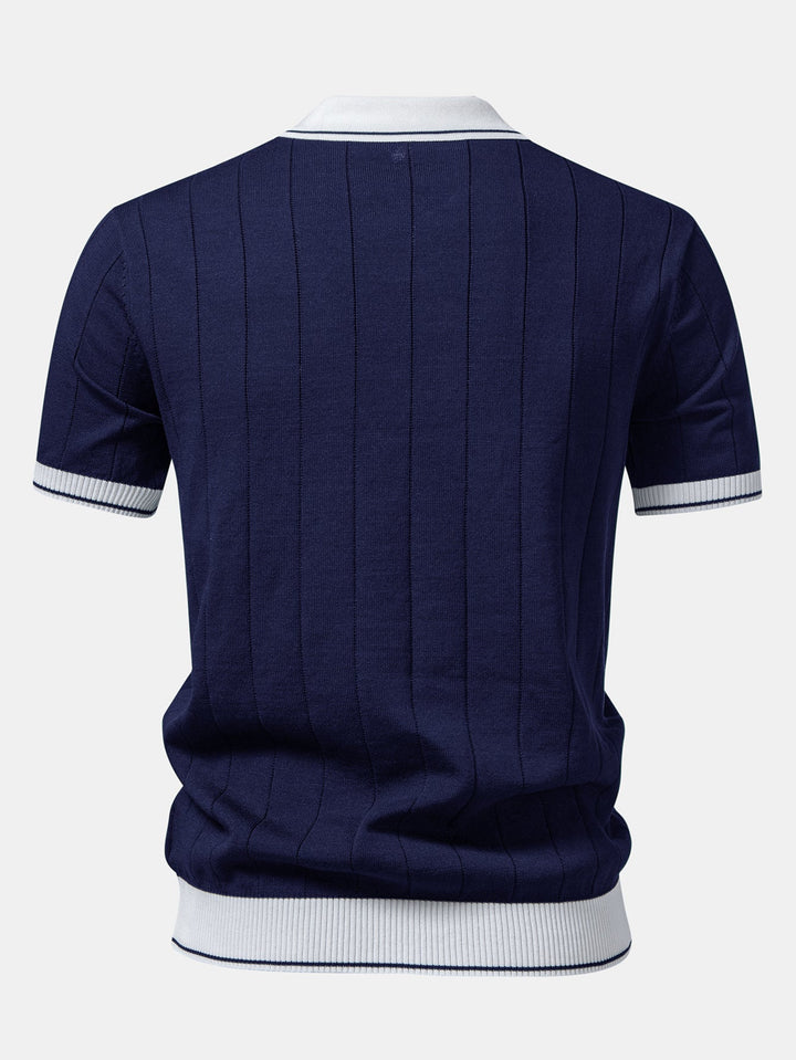 Contrast Trim Ribbed Johnny Collar Knit Polo &amp; Slim Fit Tapered Trousers