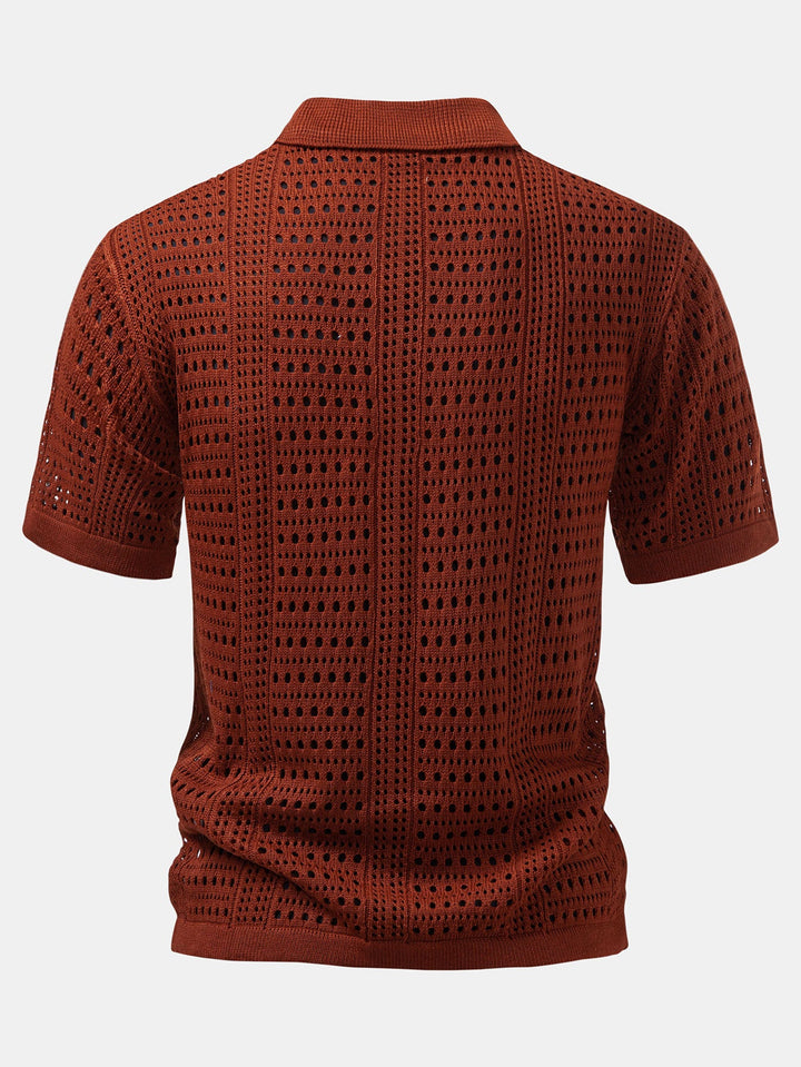 Crochet  V Neck Polo Shirt &amp; Crinkle Textured Drawstring 5" Shorts