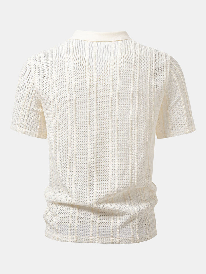 Relax Fit Striped Open Knit Polo &amp; Straight Leg Linen Pants