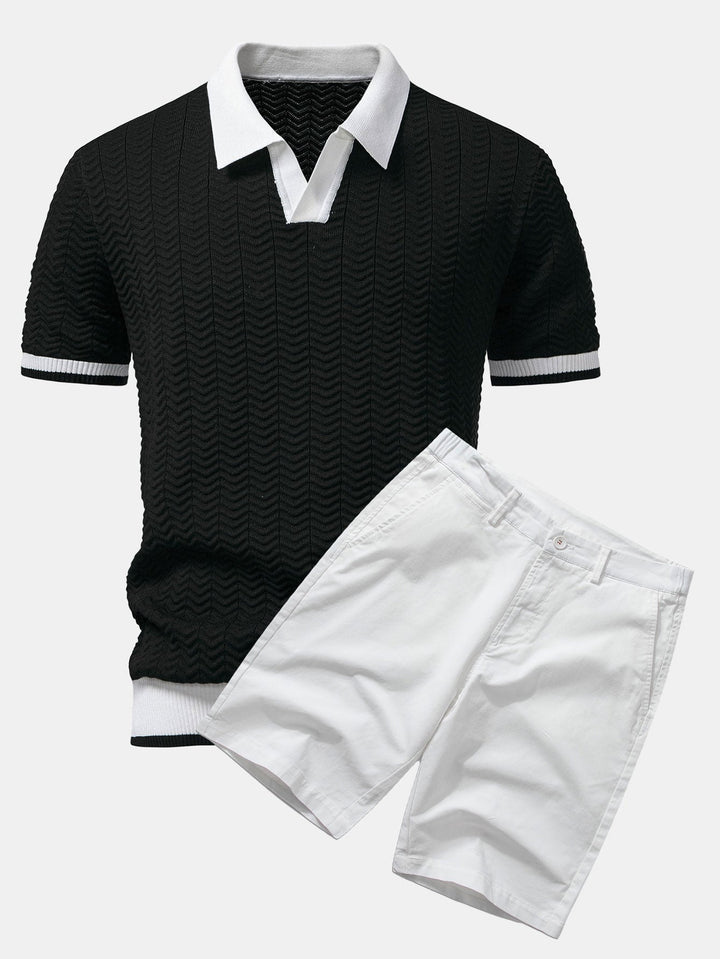 Texture Contrast Knitted V Neck Polo Shirt &amp; Cotton Chino Shorts