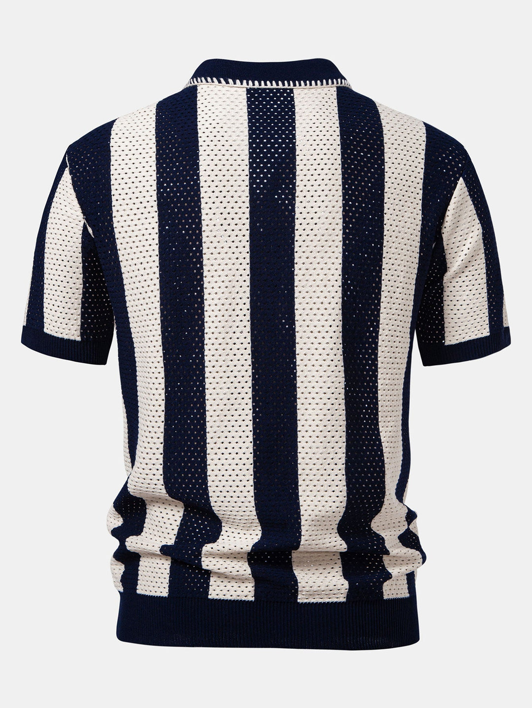 Striped Eyelet Knit Zip Up Polo Shirt &amp; Straight Leg Linen Pants