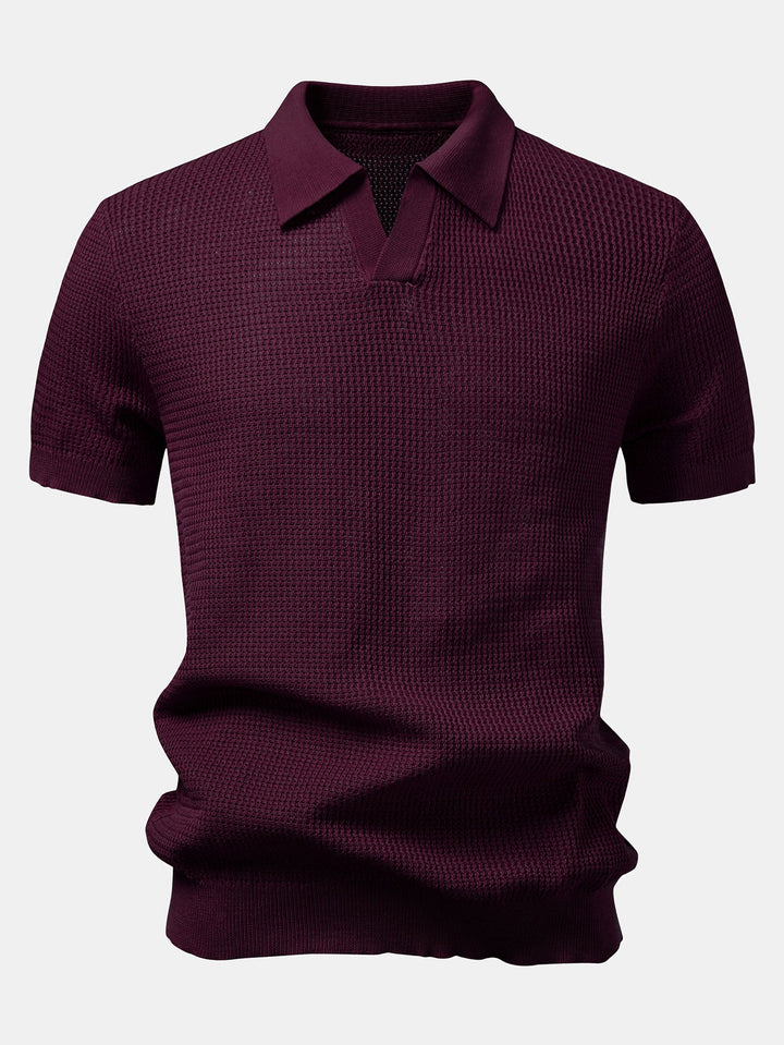 Textured Johnny Collar Crocheted Knit Polo &amp; Crinkle Textured Straight Leg Pants