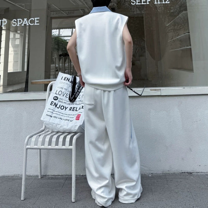 Color-block Collared Vest Casual Trousers Two-piece Set