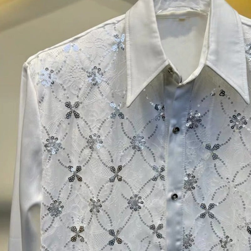 Sequin Lace Argyle-Pattern Shirt