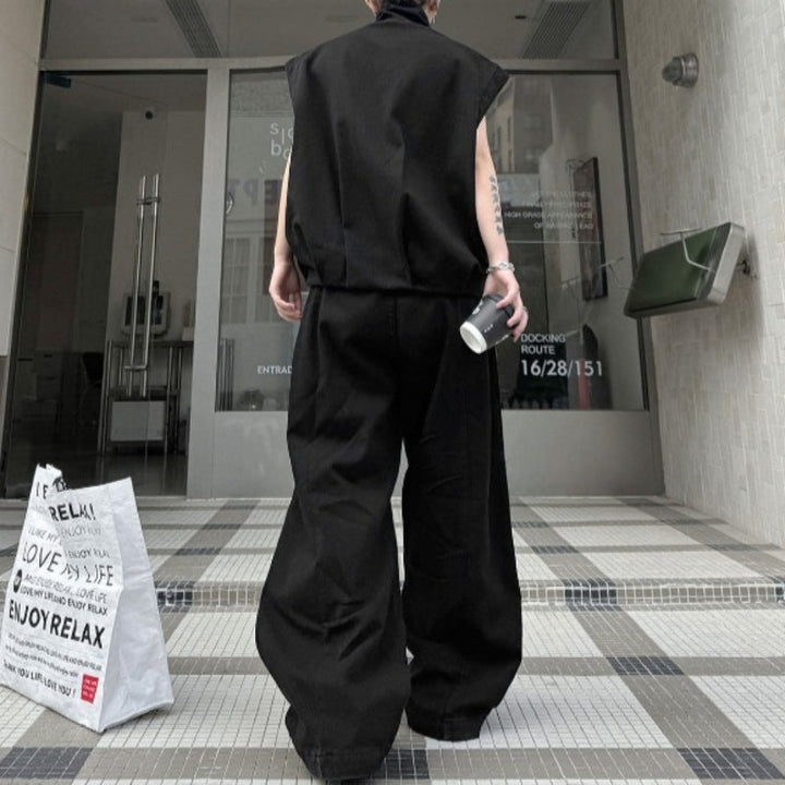 Stand-up Collar Zipper Denim Vest and Trousers Two-piece Set