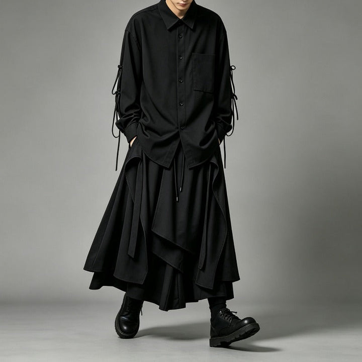 Japanese Loose Asymmetrical multi-layered Shirt and Skirt-Pants Two-piece Set