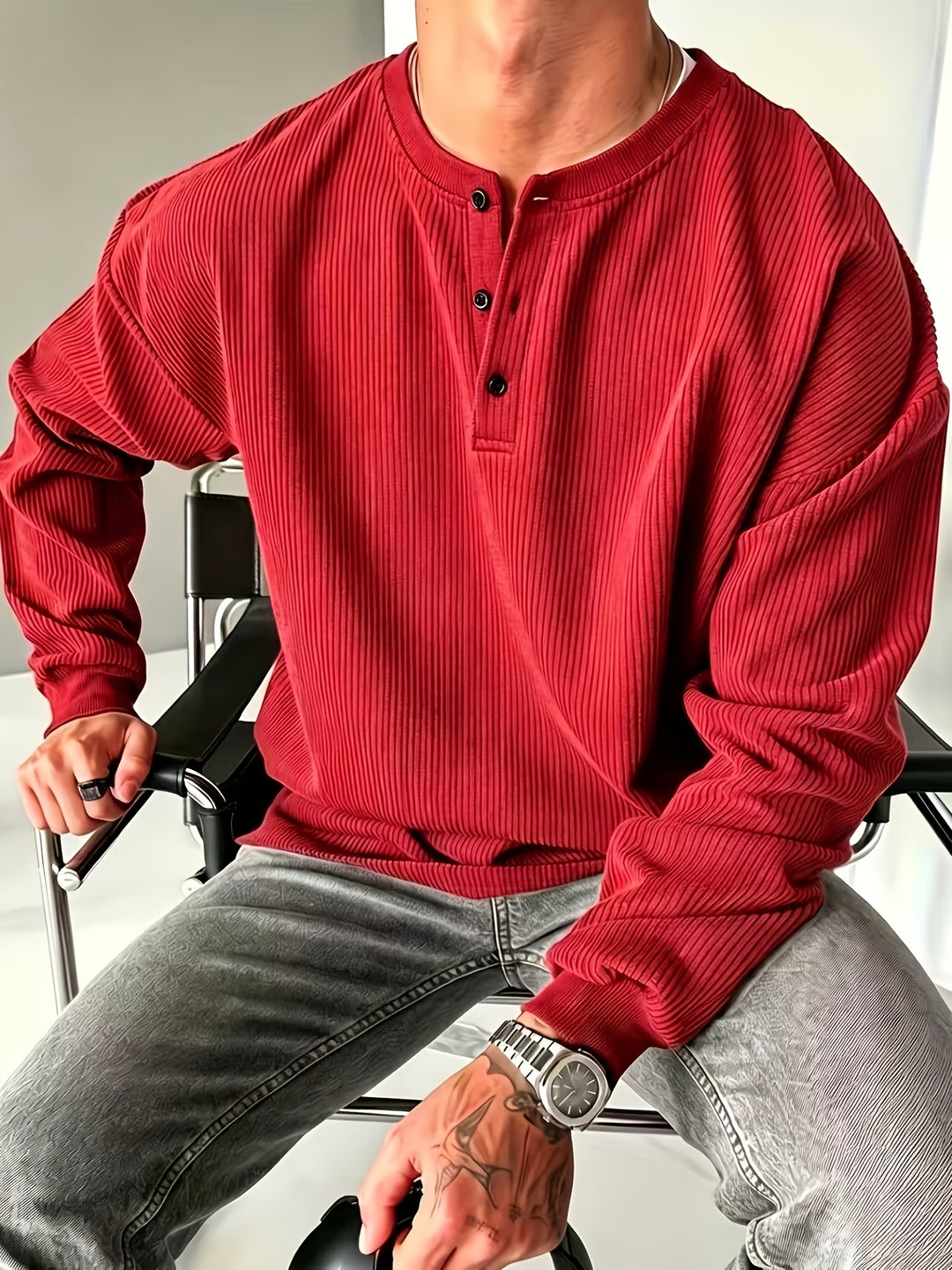 Versatile Solid Color Long Sleeve Henley Shirt