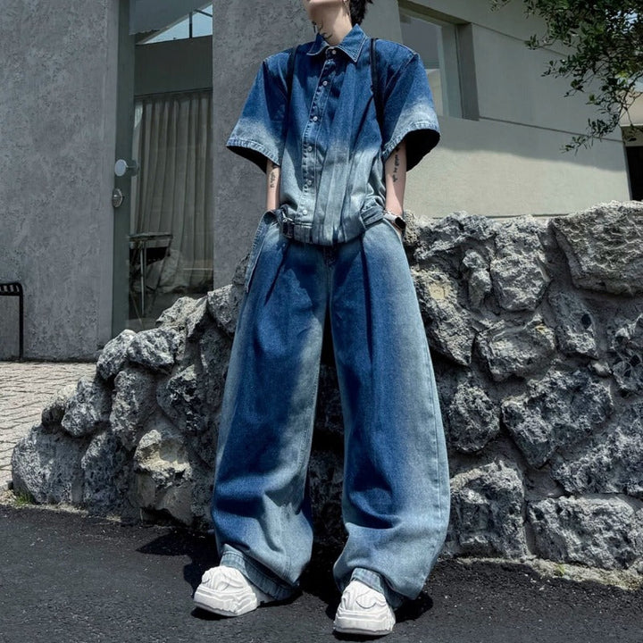 Ombré Denim Short-sleeve Jacket and Jeans Two-piece Set