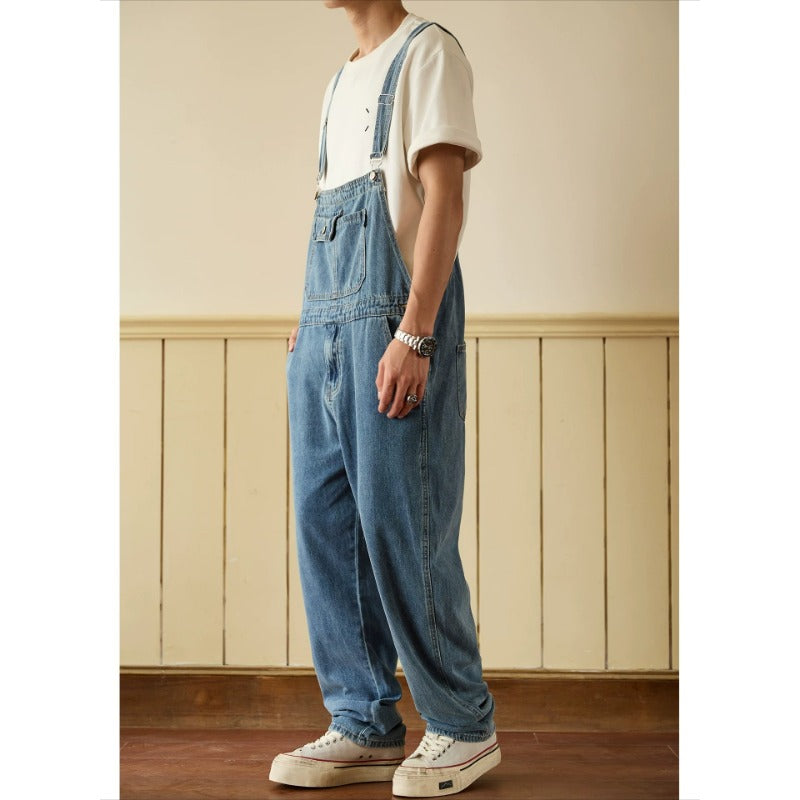 Retro Straight-Leg Cargo Denim Overalls