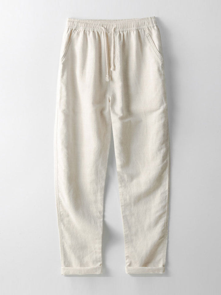 Relax Fit Crochet V Neck Knit Polo &amp; Straight Leg Linen Pants