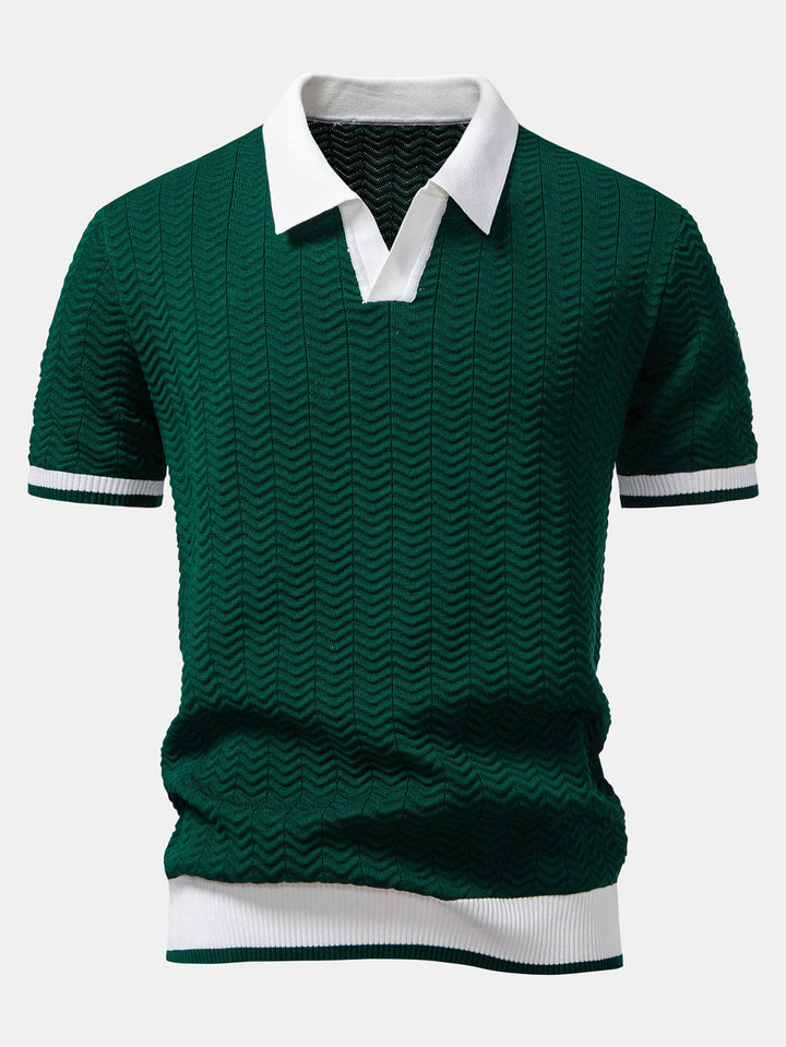 Texture Contrast Knitted V Neck Polo Shirt &amp; Cotton Chino Shorts