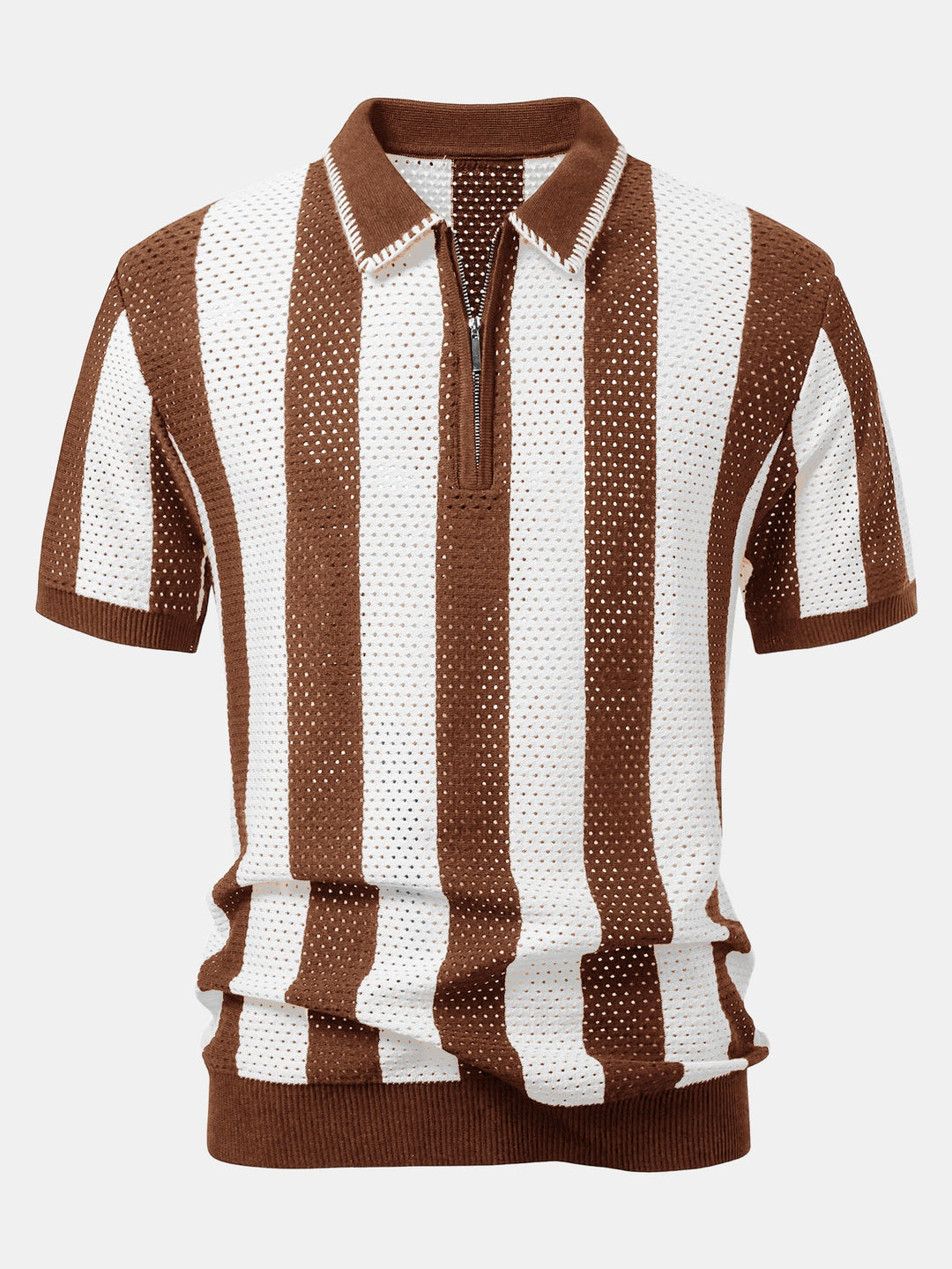 Striped Eyelet Knit Zip Up Polo Shirt &amp; Straight Leg Linen Pants
