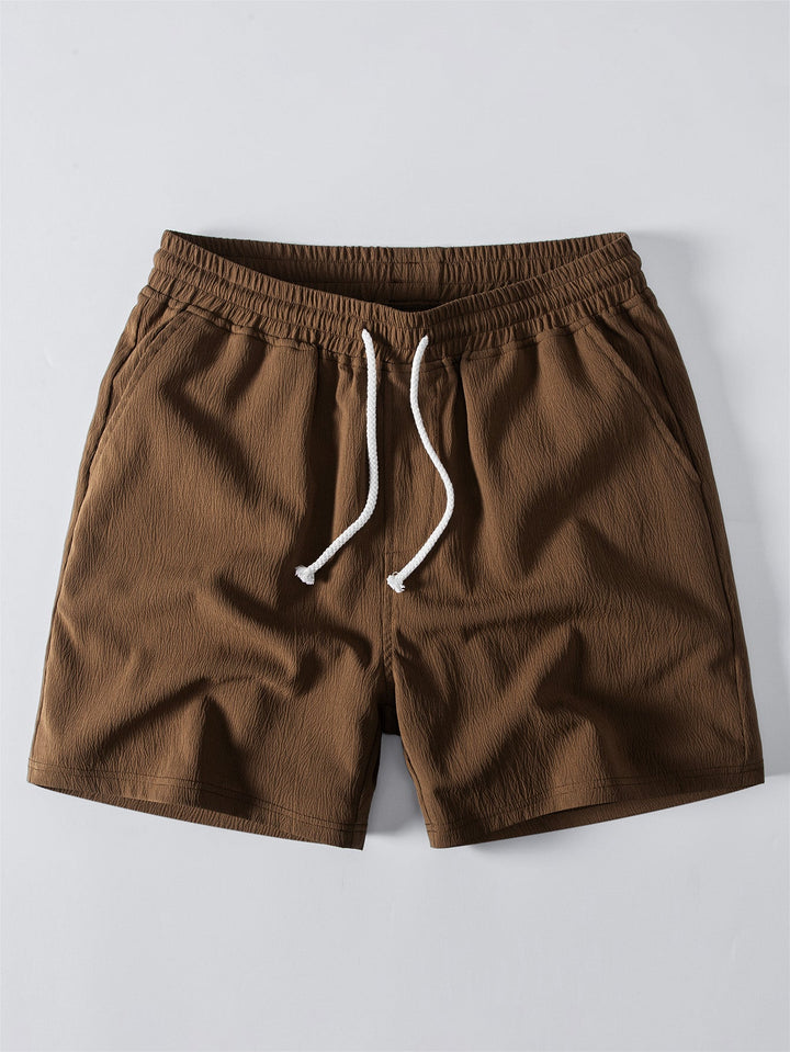 Relax Fit Striped Open Knit Polo &amp; Crinkle Textured Drawstring 5" Shorts