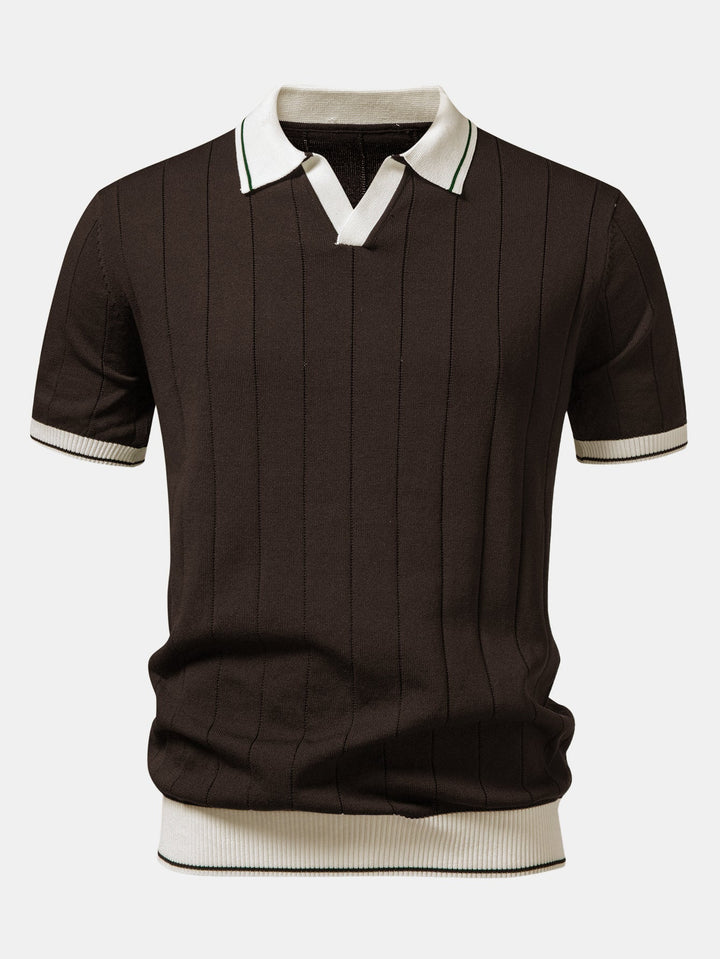 Contrast Trim Ribbed Johnny Collar Knit Polo &amp; Elastic Waist Straight Leg Trousers