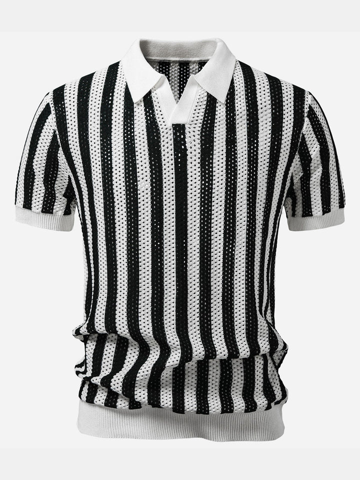 Stripe Johnny Collar Open Knit Polo &amp; Straight Leg Linen Pants
