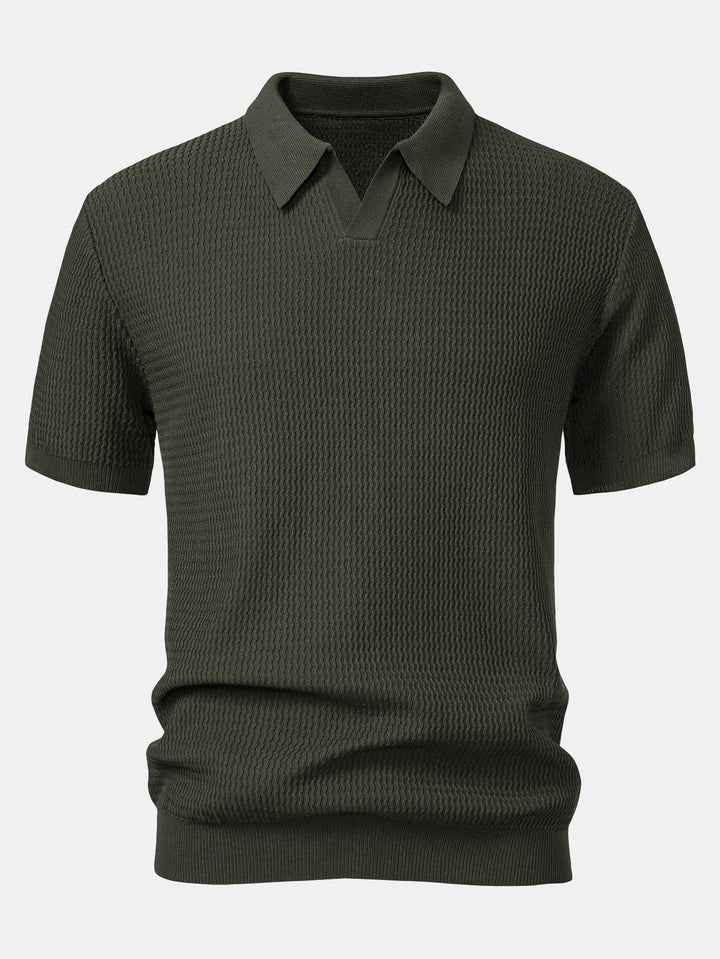 Wave Jacquard Knit V Neck Polo Shirt &amp; Slim Fit Tapered Trousers