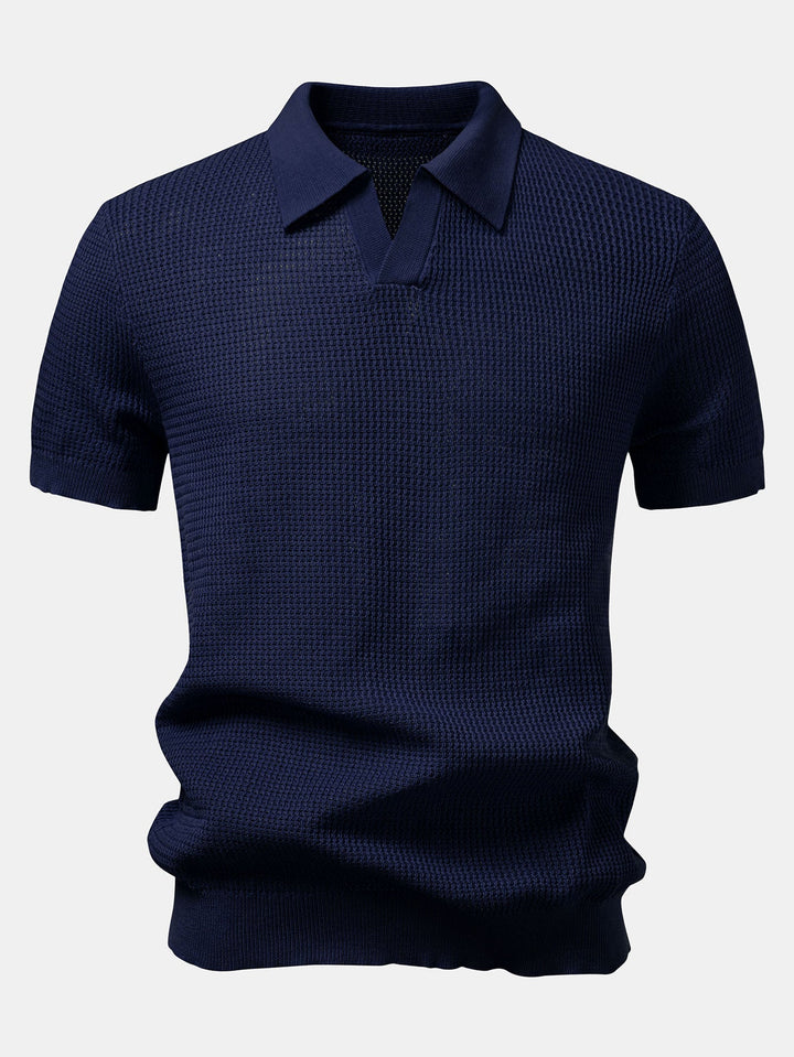 Textured Johnny Collar Crocheted Knit Polo &amp; Straight Leg Linen Pants