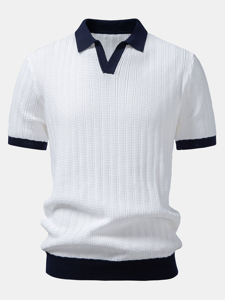 Contrast Textured Johnny Collar Knit Polo &amp; Elastic Waist Straight Leg Trousers