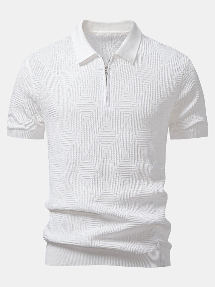Rhombus Textured Zip Up Knitted Polo Shirt &amp; Slim Fit Tapered Trousers