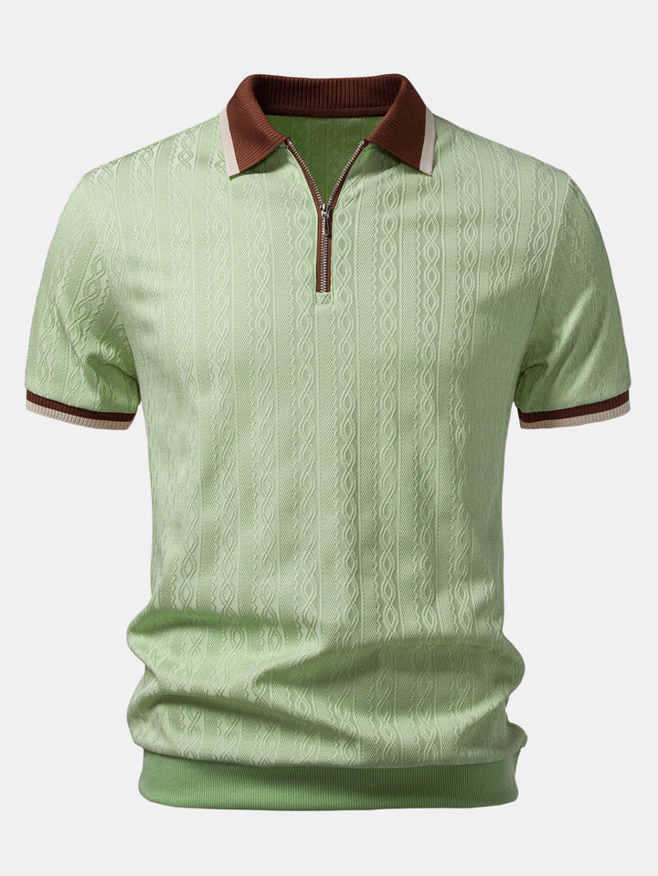Contrast Trim Textured Zipper Knit Polo &amp; Slim Fit Tapered Trousers